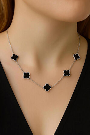 925 Ayar Gümüş Beşli Şans Yonca Kolye -Siyah