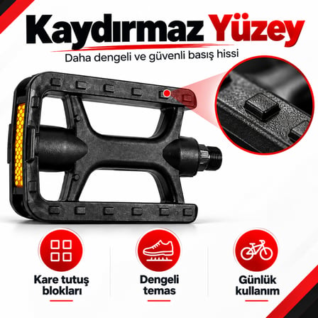 Reflektörlü Kaydırmaz Bisiklet Pedalı Seti (Sağ/Sol) - 9x8 cm Kompakt Geniş Platform Pedal