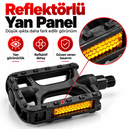 Reflektörlü Kaydırmaz Bisiklet Pedalı Seti (Sağ/Sol) - 9x8 cm Kompakt Geniş Platform Pedal