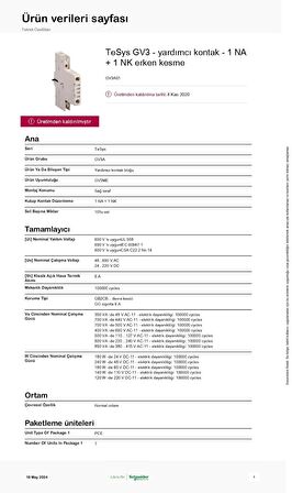 Schneider GV3A01 1NA+1NK Ani Yardımcı Kontak Bloğu