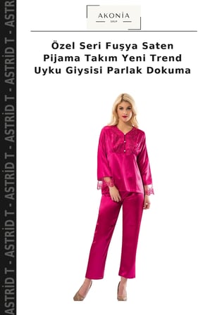 Özel Seri Fuşya Saten Pijama Takım Yeni Trend Uyku Giysisi Parlak Dokuma