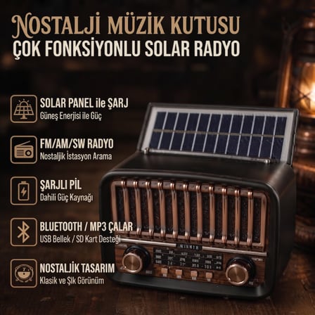 Retro Müzik Kablosuz Kutu Ev Aksesuarı Solar Panelli Radyo - Şarjlı - Bluetooth Özellikli