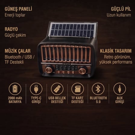 Retro Müzik Kablosuz Kutu Ev Aksesuarı Solar Panelli Radyo - Şarjlı - Bluetooth Özellikli