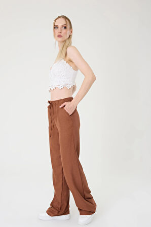 Kadın Kahverengi Keten Karışımlı Bol Kesim Pantolon