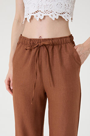 Kadın Kahverengi Keten Karışımlı Bol Kesim Pantolon