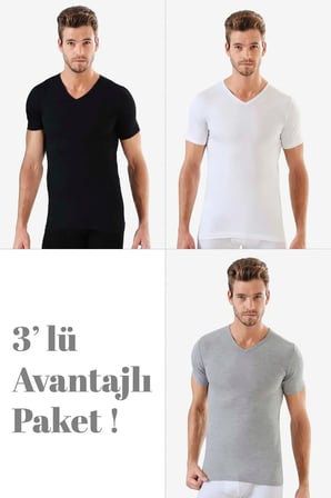 Premium Yazlık Ev Giyimi Rahat Erkek V Yaka Kısa Kollu Fanila Renkli 3'lü Set