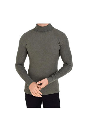 Erkek Haki Boğazlı Slim Fit Triko Kazak