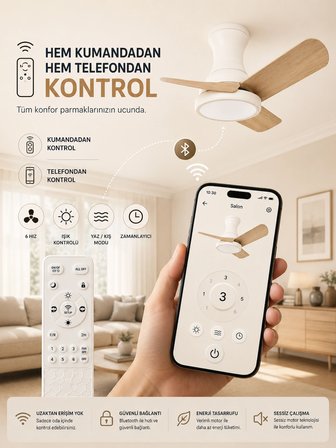 80 CM Akıllı Tavan Vantilatörü LED Aydınlatmalı | Kumandalı & Telefon Kontrollü, 6 Hız, 3 Işık Rengi, Yaz/Kış Modu, Sessiz Motor