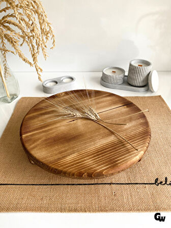Yuvarlak Doğal Ahşap Sunum Tabağı Ayaklı Düz Ahşap Sunumluk(BEYAZ ÇAM)(ÇAP:28cm YÜK:6,5cm)
