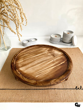Yuvarlak Doğal Ahşap Sunum Tabağı Ayaklı Çukur Ahşap Sunumluk(BEYAZ ÇAM)(ÇAP:28cm YÜK:6,5cm)