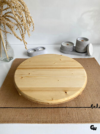 Yuvarlak Doğal Ahşap Sunum Tabağı Ayaklı Düz Ahşap Sunumluk(BEYAZ ÇAM)(ÇAP:28cm YÜK:6,5cm)
