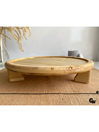Yuvarlak Doğal Ahşap Sunum Tabağı Ayaklı Çukur Ahşap Sunumluk(BEYAZ ÇAM)(ÇAP:28cm YÜK:6,5cm)