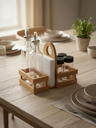 Ahşap Doğal Baharatlık Yağdanlık ve Peçetelik Takımı(KISA BAŞLIK)(SET)(KİRAZ)(1 SET)