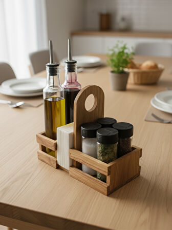 Ahşap Doğal Baharatlık Yağdanlık ve Peçetelik Takımı(UZUN BAŞLIK)(SET)(KİRAZ)(1 SET)