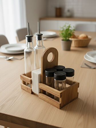 Ahşap Doğal Baharatlık Yağdanlık ve Peçetelik Takımı(UZUN BAŞLIK)(SET)(KİRAZ)(1 SET)