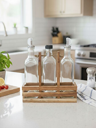 Ahşap Doğal 3Lü Yağdanlık ve Sosluk Takımı(KISA BAŞLIK)(SET)(KİRAZ)(1 SET)