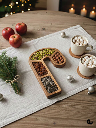 Yılbaşı Sunum Tabağı Noel Baston Şeker Doğal Ahşap Çerez Tabağı(KAYIN / GÜRGEN)(1 ADET)