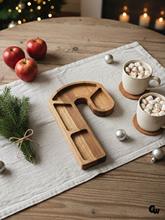 Yılbaşı Sunum Tabağı Noel Baston Şeker Doğal Ahşap Çerez Tabağı(KAYIN / GÜRGEN)(1 ADET)
