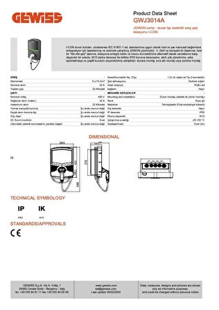 Gewiss Autostart Ev 22KW T2S IP55 Trifaze Tip 2 KABLOLU Elektrikli Araç Şarj Istasyonu