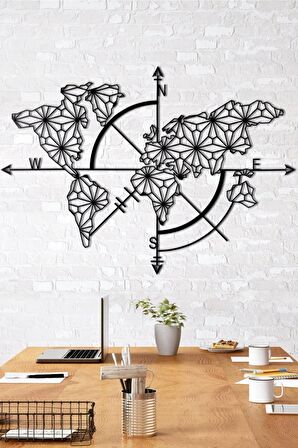 Pusulalı Dünya Haritası Ev&ofis Metal Duvar Tablosu- 90x130 Cm