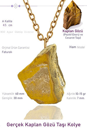 Sertifikalı Ham İşlenmemiş Kaplan Gözü Taşı Kolye - 24k Altın Kaplama