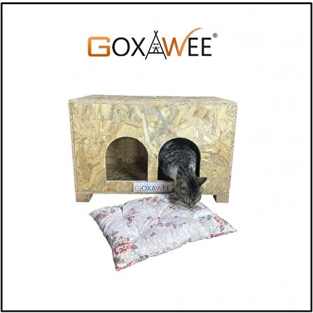 Goxawee Dizayn Kedi Evi Dış Ortam Uygun Ahşap Kedi Evi Double OSB 61x41x36 cm (Minder Hediyeli)