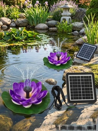 Güneş Enerjili Lotus Çiçekli Solar Fıskiye - Dekoratif Bahçe Süs Havuzu - Havuz Süsü