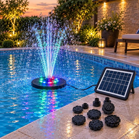 Güneş Enerjili RGB LED Işıklı Havuz Fıskiyesi - Solar Panelli Yüzer Fıskiye Çoklu Püskürtme Başlıklı Gölet Süs Fıskiyesi & Kuş Banyosu
