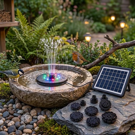 Güneş Enerjili RGB LED Işıklı Havuz Fıskiyesi - Solar Panelli Yüzer Fıskiye Çoklu Püskürtme Başlıklı Gölet Süs Fıskiyesi & Kuş Banyosu
