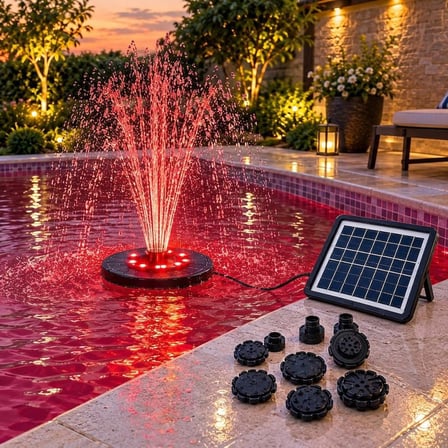 Güneş Enerjili RGB LED Işıklı Havuz Fıskiyesi - Solar Panelli Yüzer Fıskiye Çoklu Püskürtme Başlıklı Gölet Süs Fıskiyesi & Kuş Banyosu