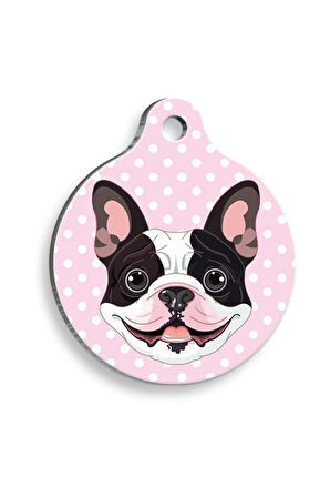 Pembe Puantiyeli French Bulldog Yuvarlak Köpek Künyesi Small 2,5 cm