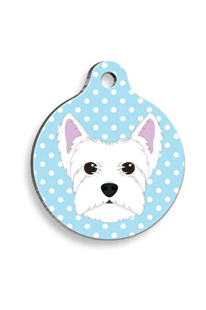 Mavi Puantiyeli Batı Highland Beyaz Terrier Yuvarlak Köpek Künyesi Medium: 3 cm.