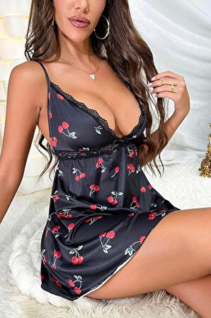  Siyah Kiraz Desenli Mini Gecelik 15765