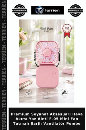 Premium Seyahat Aksesuarı Hava Akımı Yaz Aleti F-05 Mini Fan Tutmalı Şarjlı Vantilatör Pembe