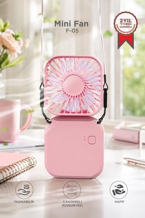 Premium Seyahat Aksesuarı Hava Akımı Yaz Aleti F-05 Mini Fan Tutmalı Şarjlı Vantilatör Pembe
