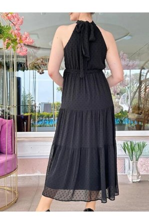 Halter Yaka Ponponlu Şifon Elbise