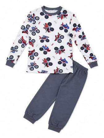 Erkek Çocuk Premium Penye Canavar Araba Desenli Uzun Kollu Pijama Takımı 2-11 Yaş - Füme
