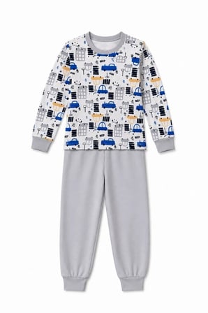Erkek Çocuk Premium Penye Uzun Kollu Desenli Pijama Takımı 2-11 Yaş - Gri