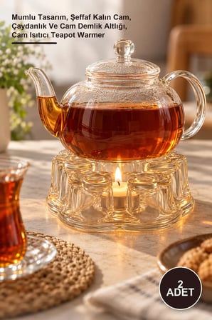2 Adet Cam Isıtma Standı – Mumlu Tasarım, Şeffaf Kalın Cam, Çaydanlık Ve Cam Demlik Altlığı, Cam Isıtıcı Teapot Warmer
