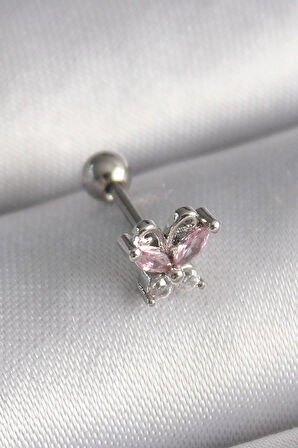 316L Çelik Gümüş Renk Pembe Zirkon Taşlı Kelebek Tragus Piercing.Gzpeb