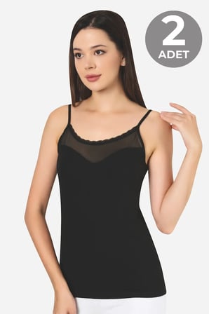 Premium Alternatif Yakın Hediye Siyah 2'li Kadın Tüllü İp Askılı Atlet Pamuklu Likralı