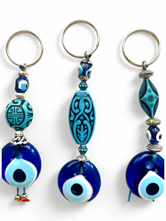 Nazar Boncuklu Anahtarlık 3 Adet Çanta Süsü, Araba, Ofis, Ev Anahtarı Hediyelik Arkadaş Anahtarlık