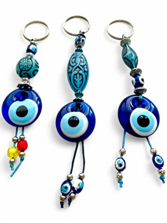 Nazar Boncuklu Anahtarlık 3 Adet Çanta Süsü, Araba, Ofis, Ev Anahtarı Hediyelik Arkadaş Anahtarlık