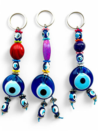 Nazar Boncuklu Anahtarlık 3 Adet Çanta Süsü, Araba, Ofis, Ev Anahtarı Hediyelik Arkadaş Anahtarlık