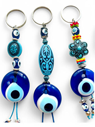 Nazar Boncuklu Anahtarlık 3 Adet Çanta Süsü, Araba, Ofis, Ev Anahtarı Hediyelik Arkadaş Anahtarlık