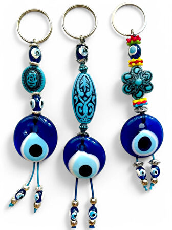 Nazar Boncuklu Anahtarlık 3 Adet Çanta Süsü, Araba, Ofis, Ev Anahtarı Hediyelik Arkadaş Anahtarlık