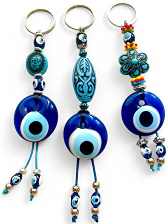 Nazar Boncuklu Anahtarlık 3 Adet Çanta Süsü, Araba, Ofis, Ev Anahtarı Hediyelik Arkadaş Anahtarlık