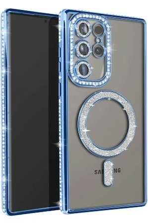 Samsung Galaxy S23 Ultra Uyumlu Kılıf M-Safe Şarj Özellikli Simli Taşlı Azn-JokeTaşlı