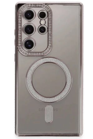 Samsung Galaxy S24 Ultra Uyumlu Kılıf M-Safe Şarj Özellikli Simli Taşlı Azn-JokeTaşlı