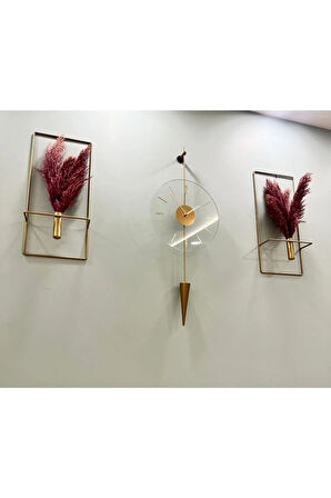 3 Lü Galileo Gold Elegante Set (Kırılmaz Tamperli Cam ) Modern Dekoratif Camlı Duvar Saati